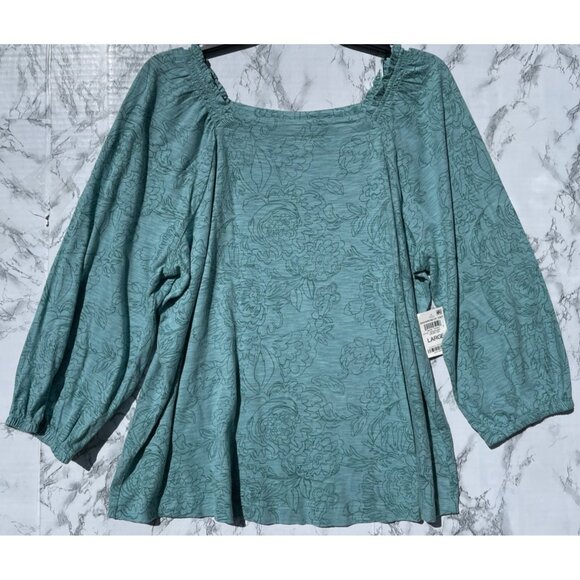 Style & Co Green Floral Square Neck Knit Blouse Large 3/4 Sleeve sleeve - Picture 1 of 5